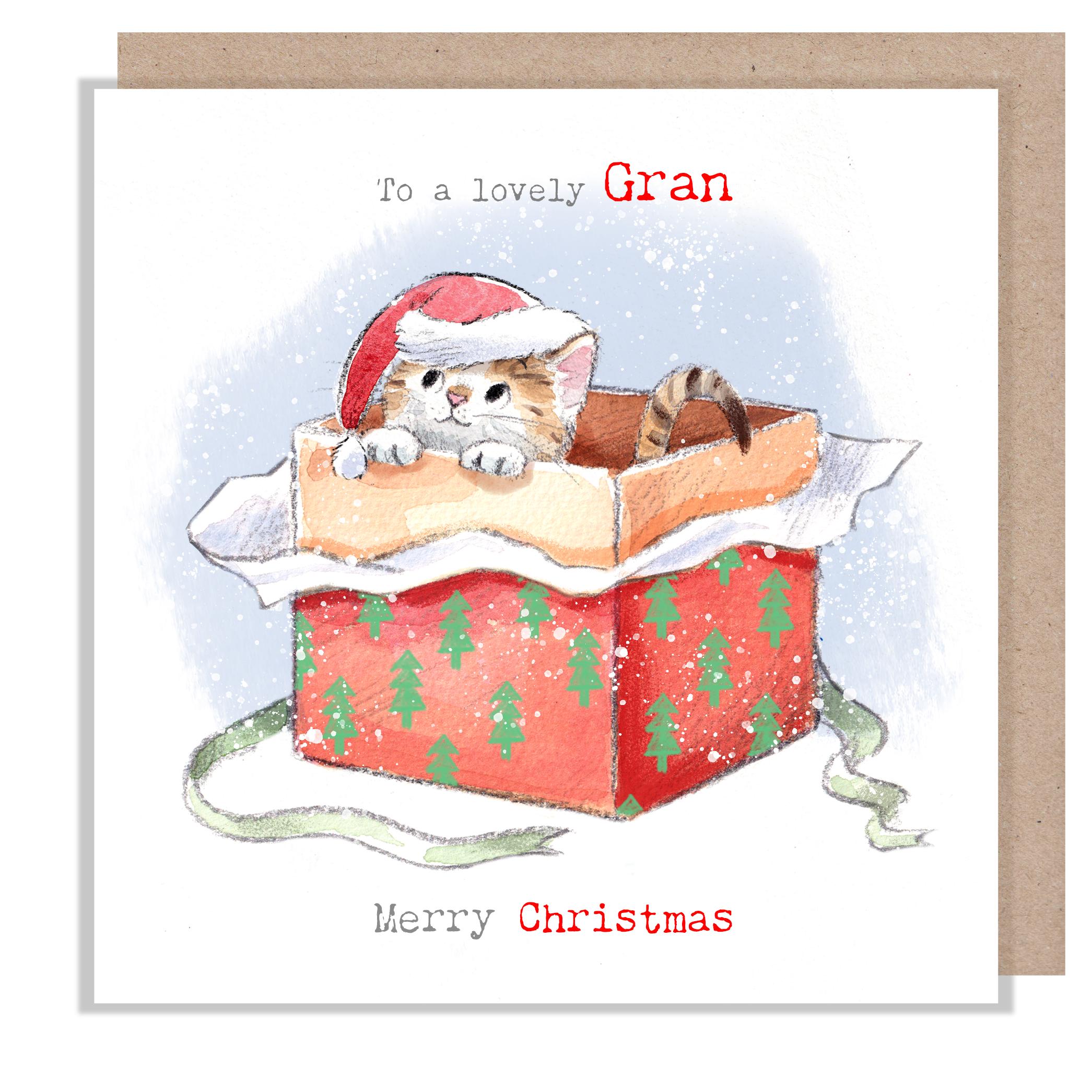 Gran Christmas Card - Christmas Wish - Charming Cat illustration - 'Pawsitively Purrect' range - Kitten in a gift box- Made in UK -XPP018
