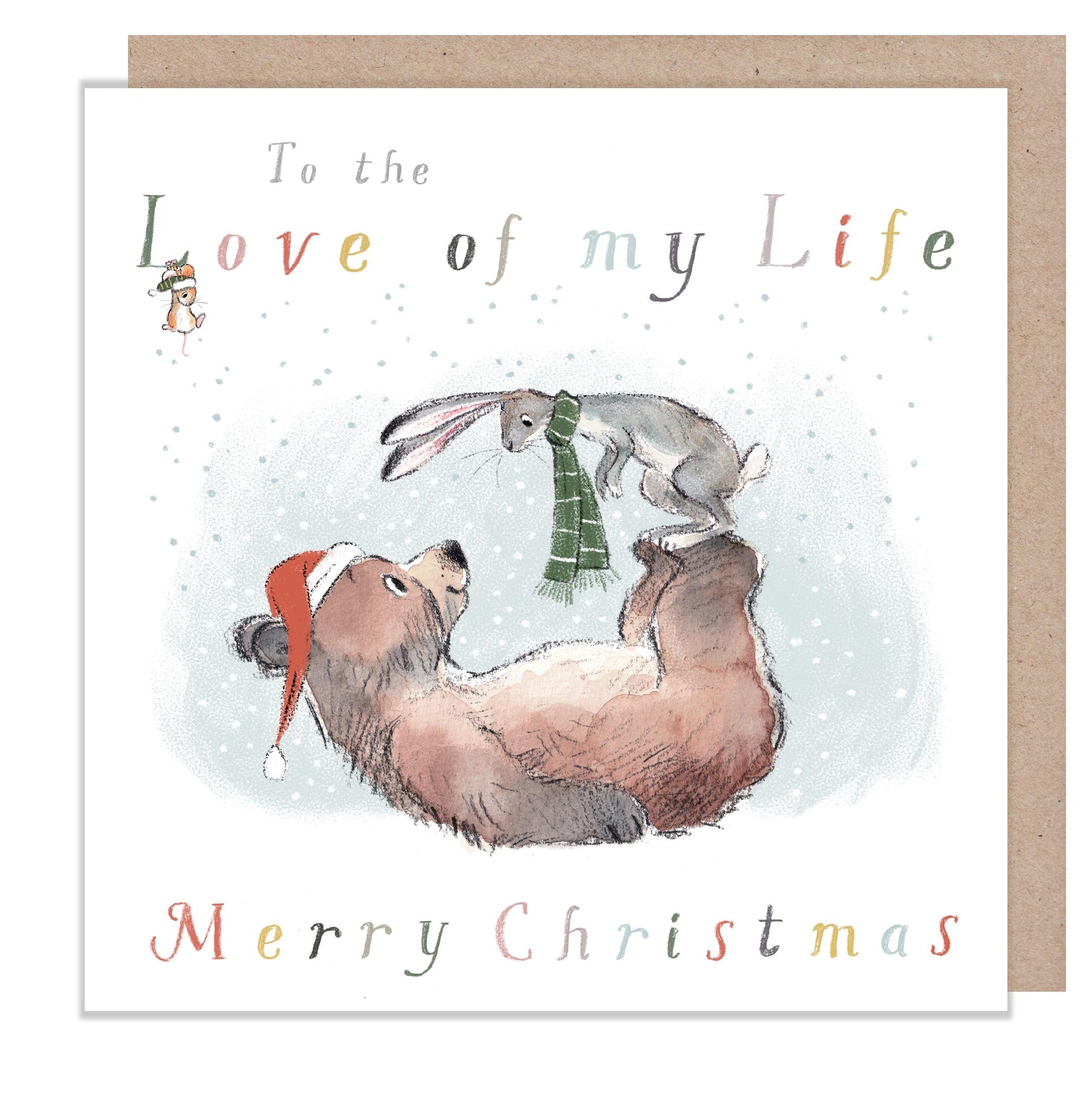 Love of my Life Christmas Card, ' Bear, the Hare, and the Mouse', Cute heart warming  Bear Illustration, made in UK, BHMX021