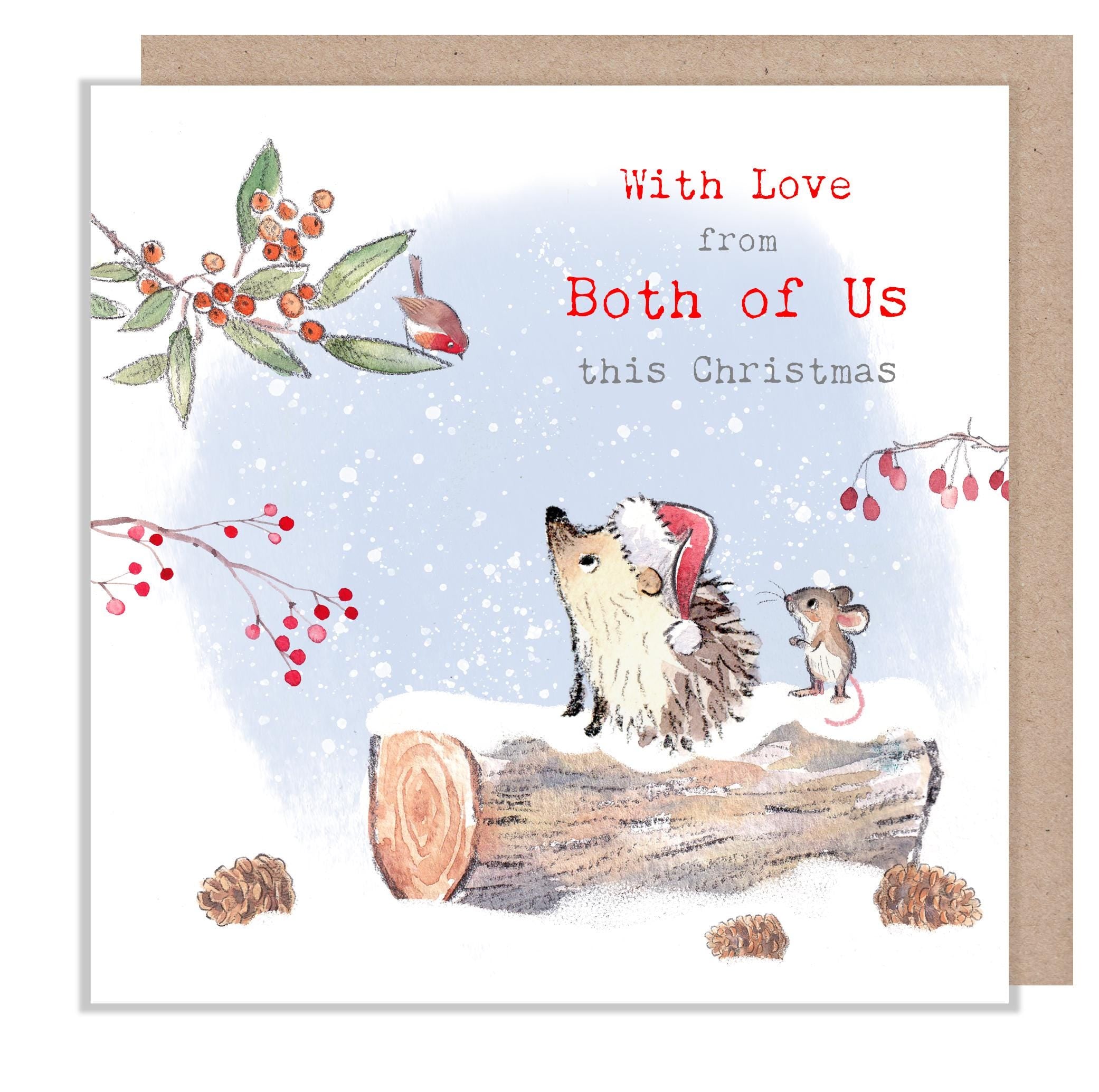 From Both of us Christmas Card - 150 x 150mm - Charming Hedgehog illustration- 'Bucklebury Wood'  range - Made in UK -  BWX030