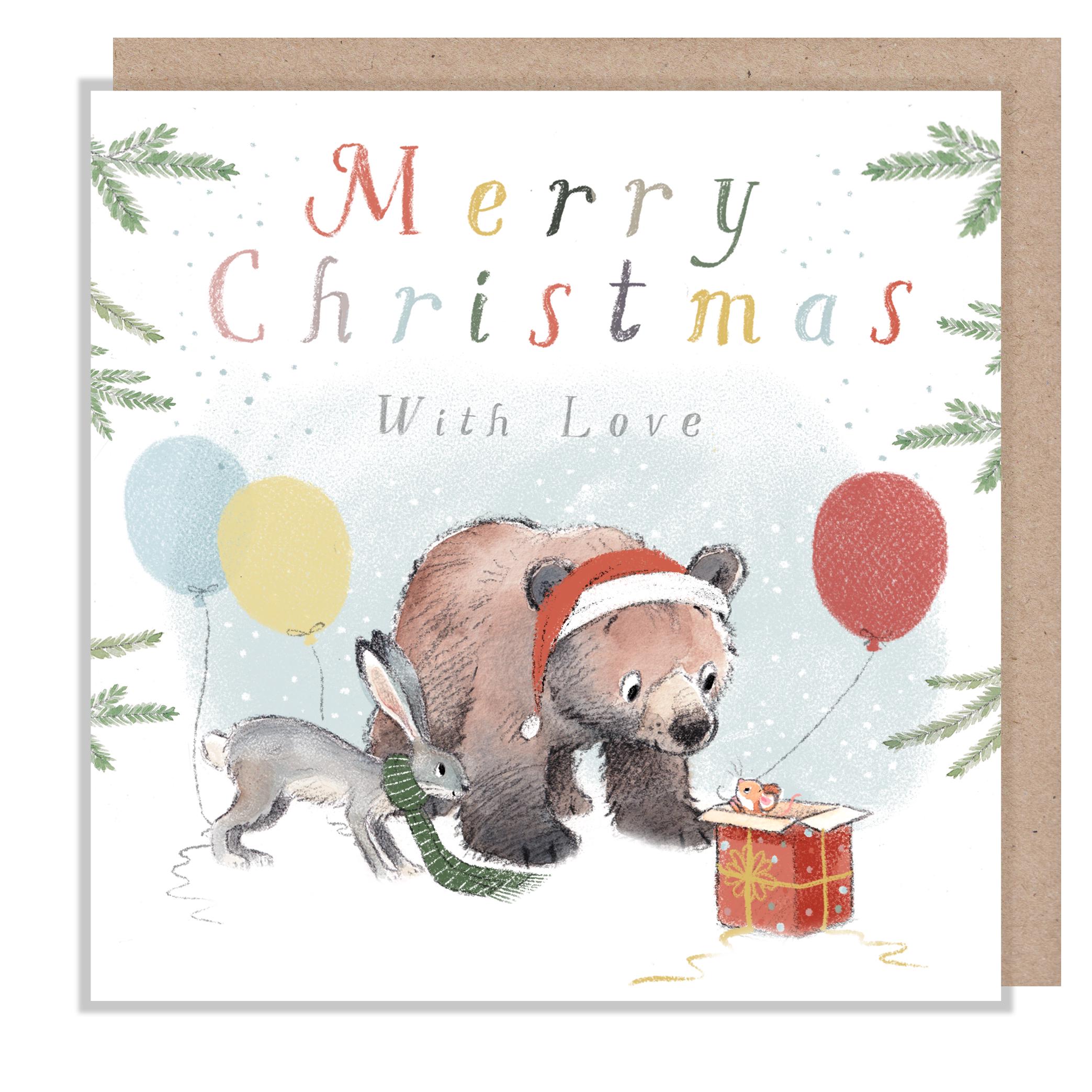 Quality Christmas Card,'the Bear, the Hare, and the Mouse', Cute heart warming  Bear Illustration, Bear with balloons, made in UK, BHMX018