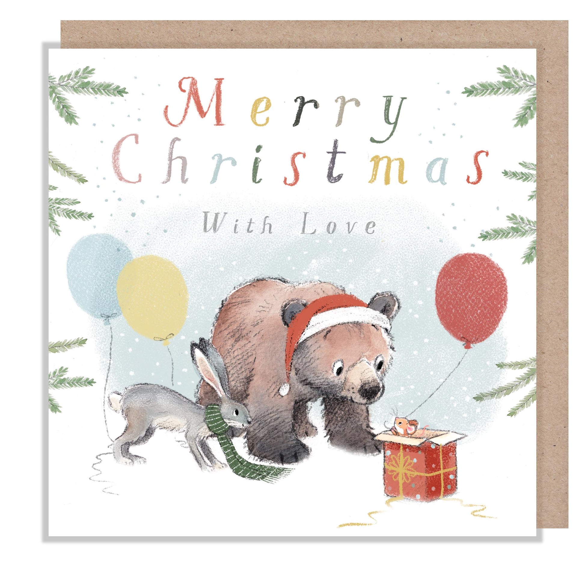 Quality Christmas Card,'the Bear, the Hare, and the Mouse', Cute heart warming  Bear Illustration, Bear with balloons, made in UK, BHMX018