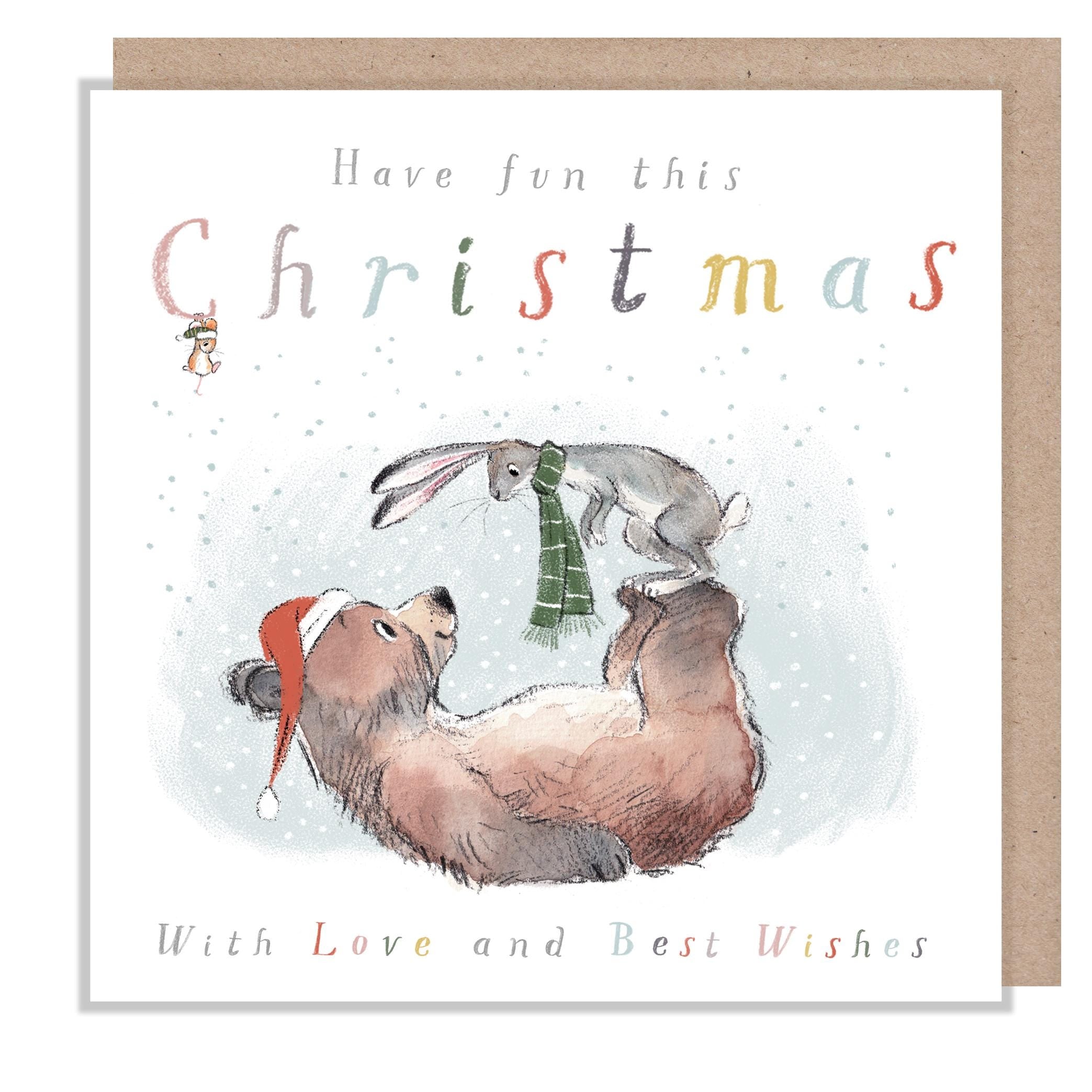 Quality Christmas Card, Have fun this Christmas' Bear, the Hare, and the Mouse', Cute heart warming  Bear Illustration, made in UK, BHMX017
