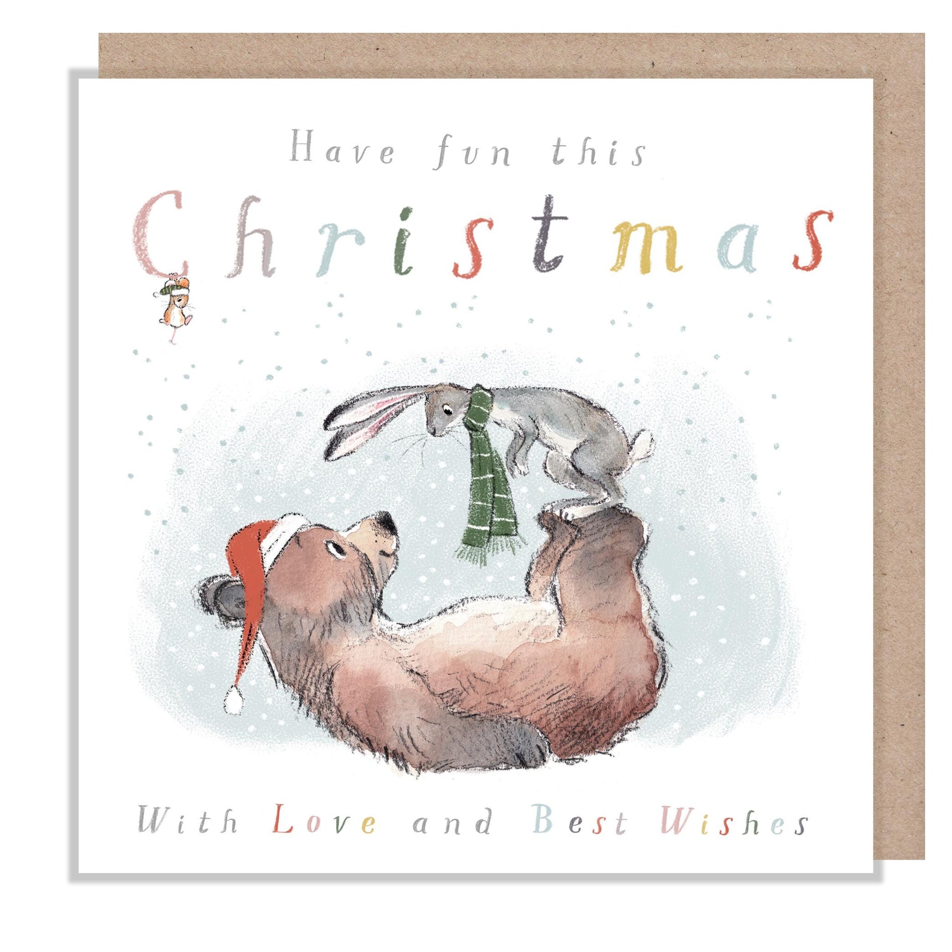 Quality Christmas Card, Have fun this Christmas' Bear, the Hare, and the Mouse', Cute heart warming  Bear Illustration, made in UK, BHMX017