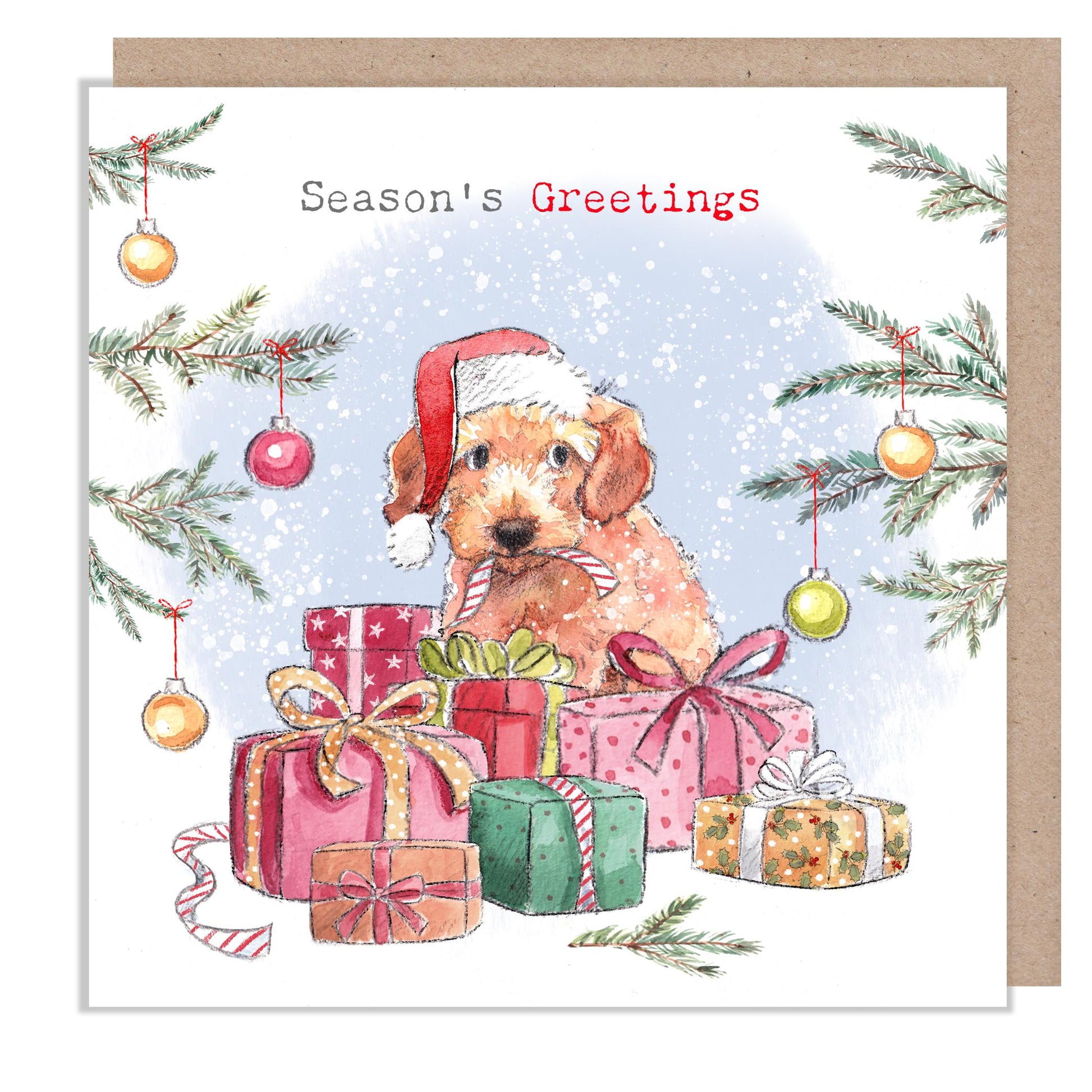 Seasons Greetings - Quality Christmas Card - 150 x 150mm -  Charming Dog illustration - 'Absolutely barking' range - Made in UK -  ABX125