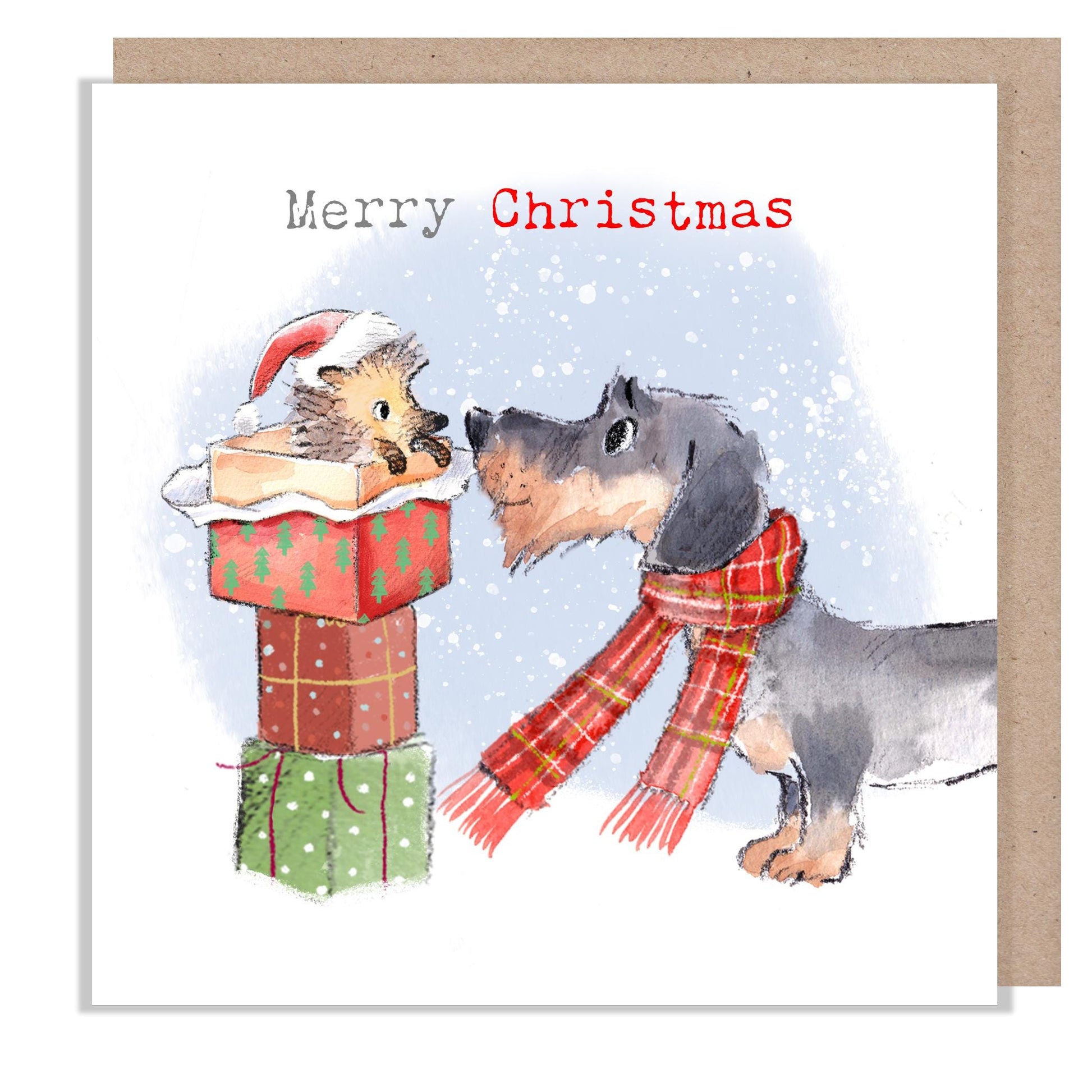 Merry Christmas- Quality Christmas Card - 150 x 150mm -  Charming Dog illustration - 'Absolutely barking' range - Made in UK -  ABX124
