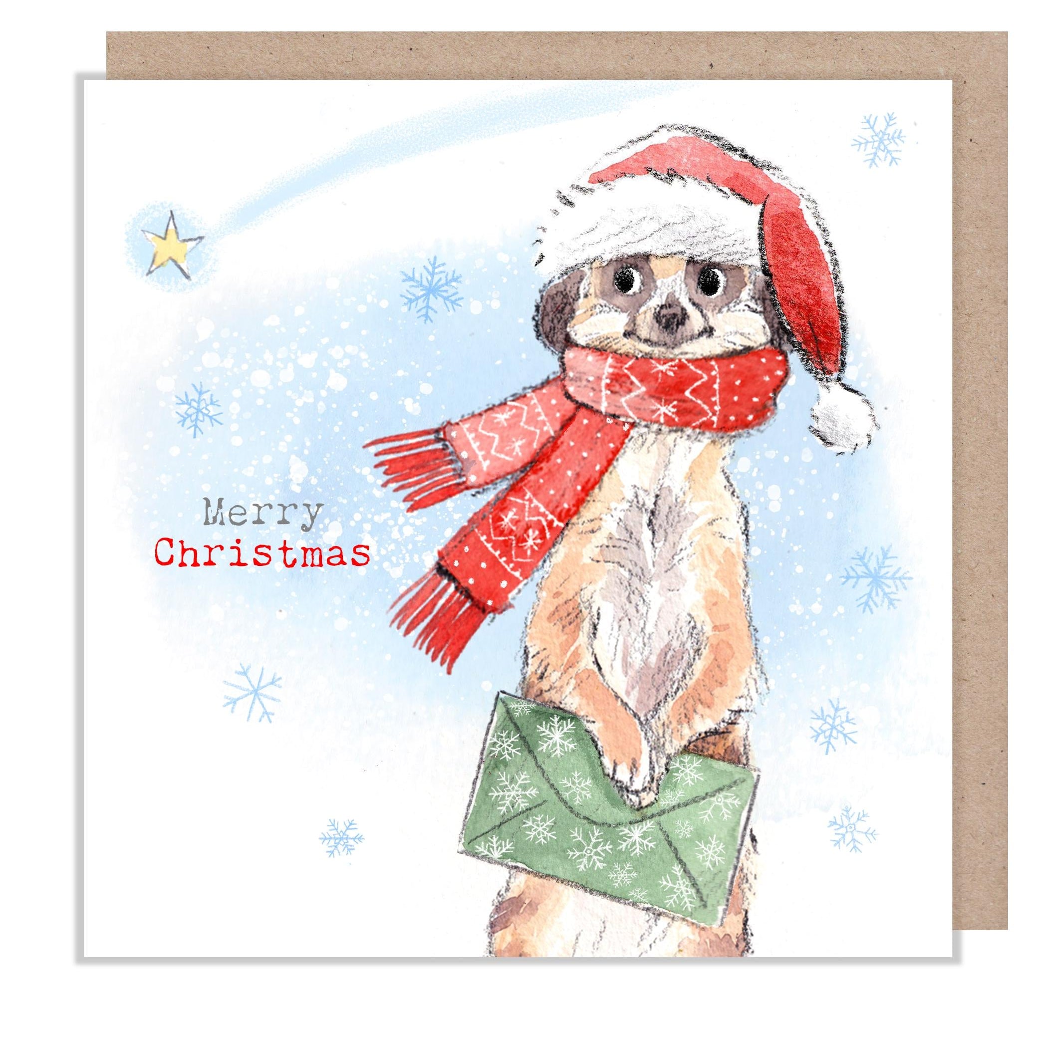 Merry Christmas - Quality Christmas Card - 150 x 150mm - Charming Meerkats illustration - 'Wonderfully Wild'  range - Made in UK -  WWX023