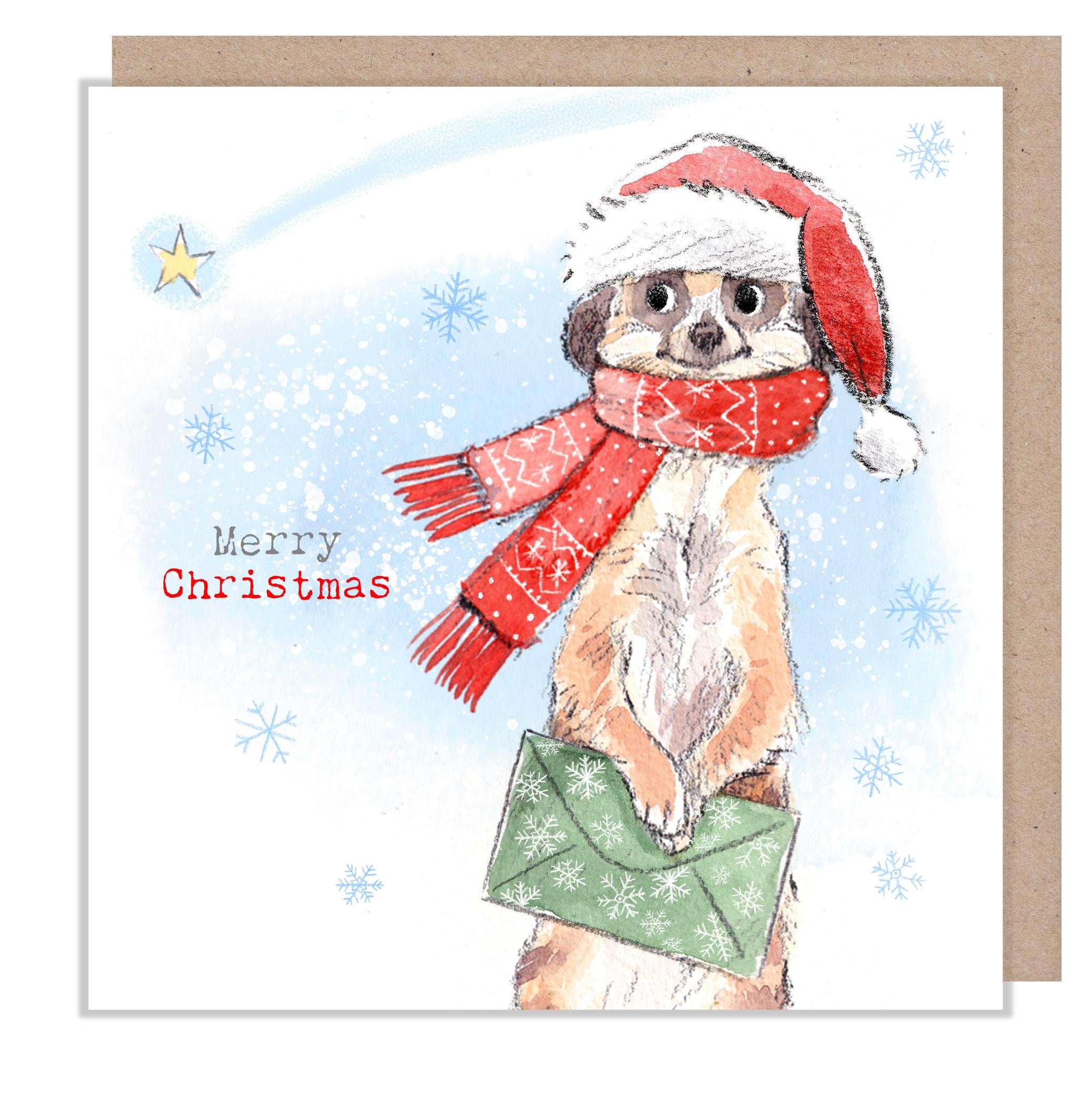 Merry Christmas - Quality Christmas Card - 150 x 150mm - Charming Meerkats illustration - 'Wonderfully Wild'  range - Made in UK -  WWX023