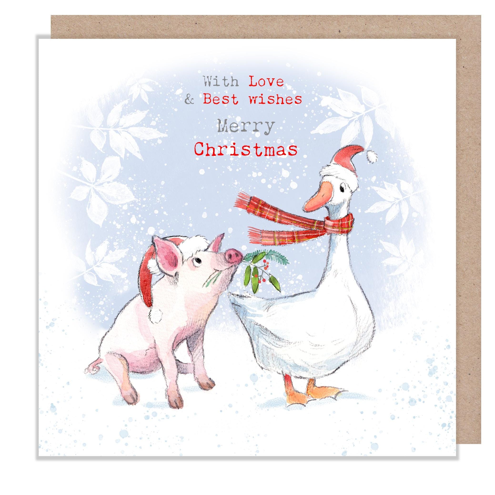 Merry Christmas- Quality Greeting Card - Charming illustration - 'Buttercup Farm' range - Pig and Goose- Made in UK -  BFx01