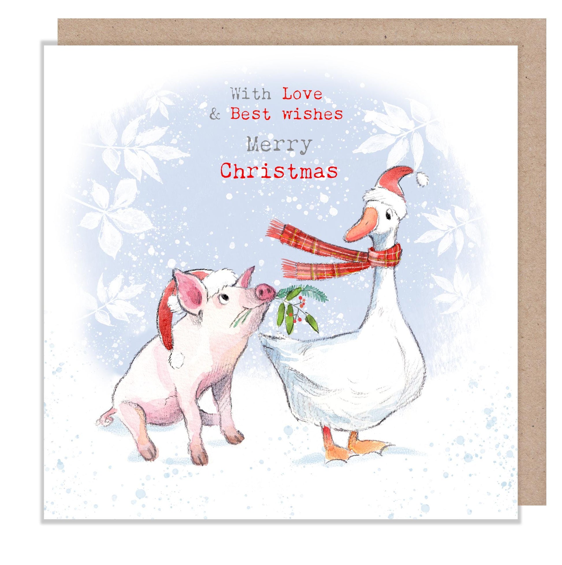 Merry Christmas- Quality Greeting Card - Charming illustration - 'Buttercup Farm' range - Pig and Goose- Made in UK -  BFx01