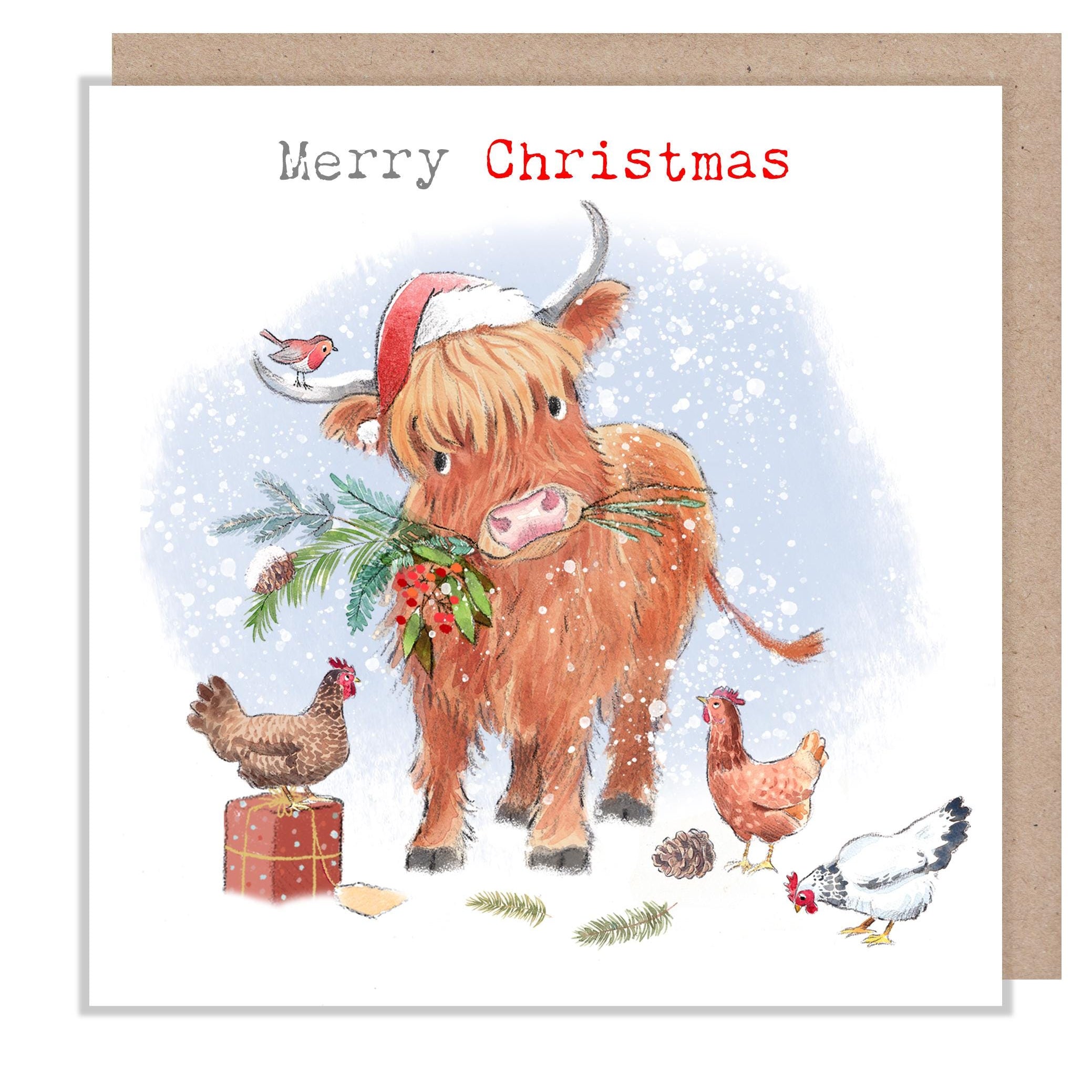 Merry Christmas - Quality Greeting Card - Charming illustration - 'Buttercup Farm' range - Highland Cow - Made in UK -  BFX06