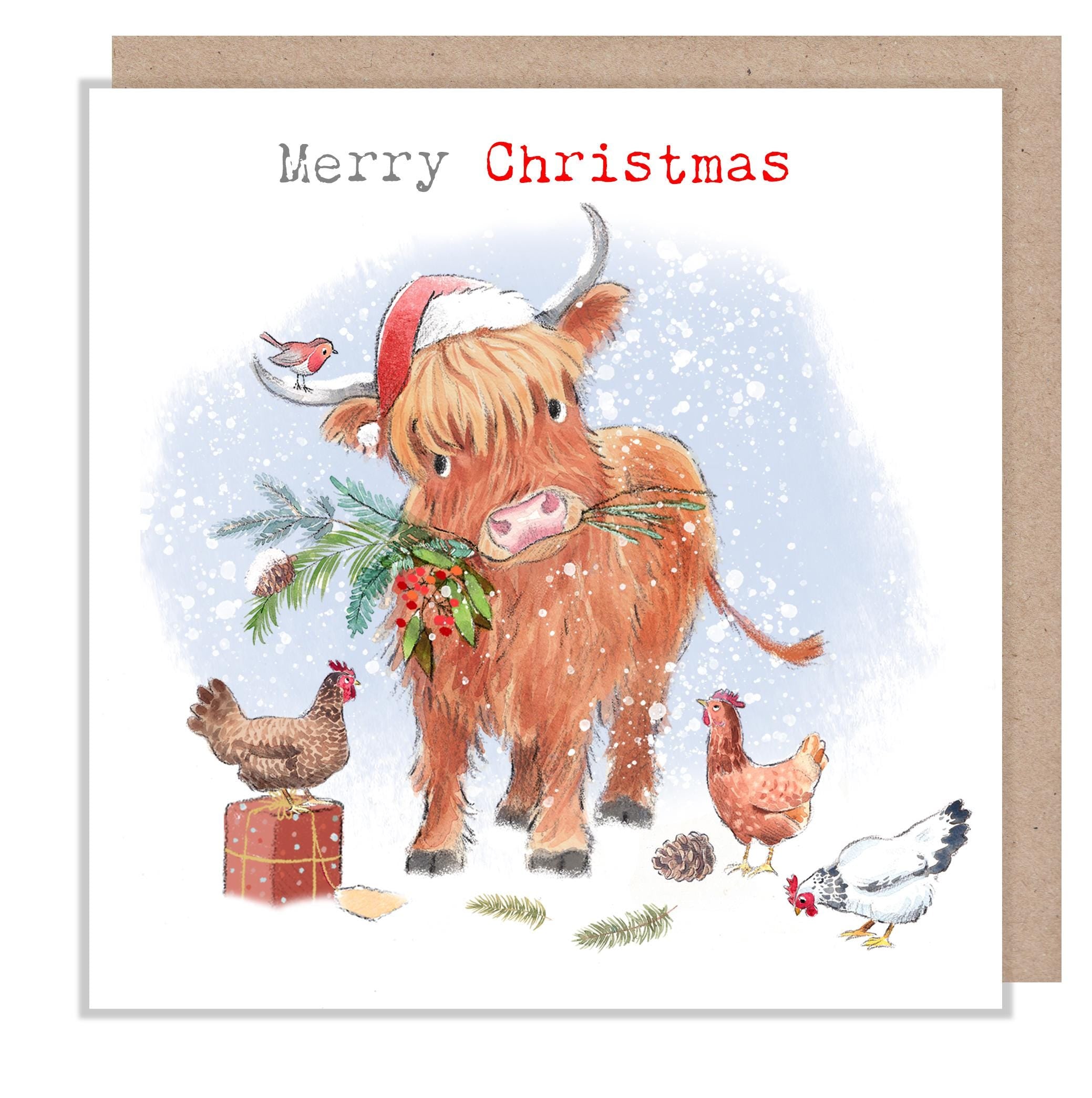 Merry Christmas - Quality Greeting Card - Charming illustration - 'Buttercup Farm' range - Highland Cow - Made in UK -  BFX06