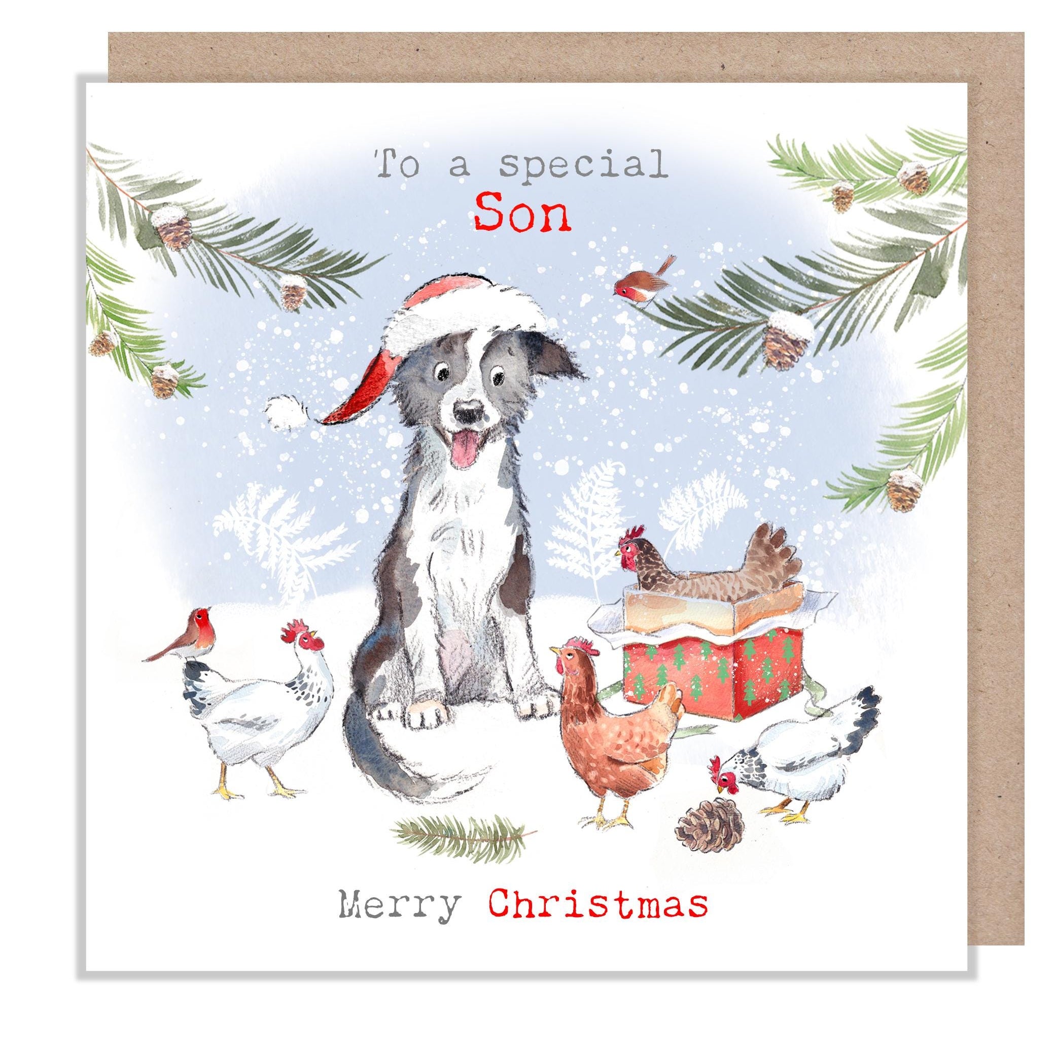 Son Christmas card - Dog and Chickens 'Buttercup Farm' Illustration BFX013