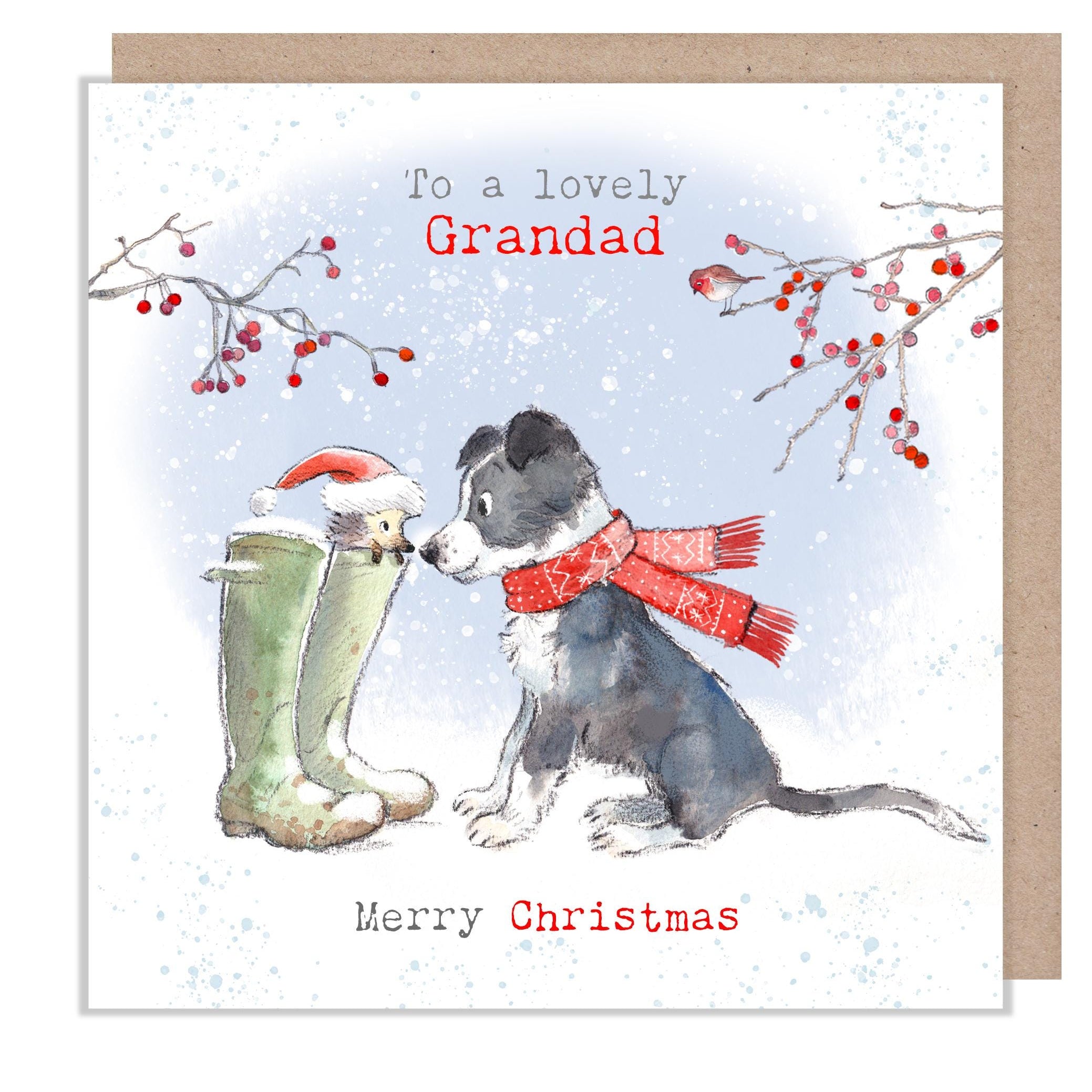 Grandad Christmas card - Charming illustration - 'Buttercup Farm' range - Collie Dog and Hedgehog - Made in UK -  BFX012