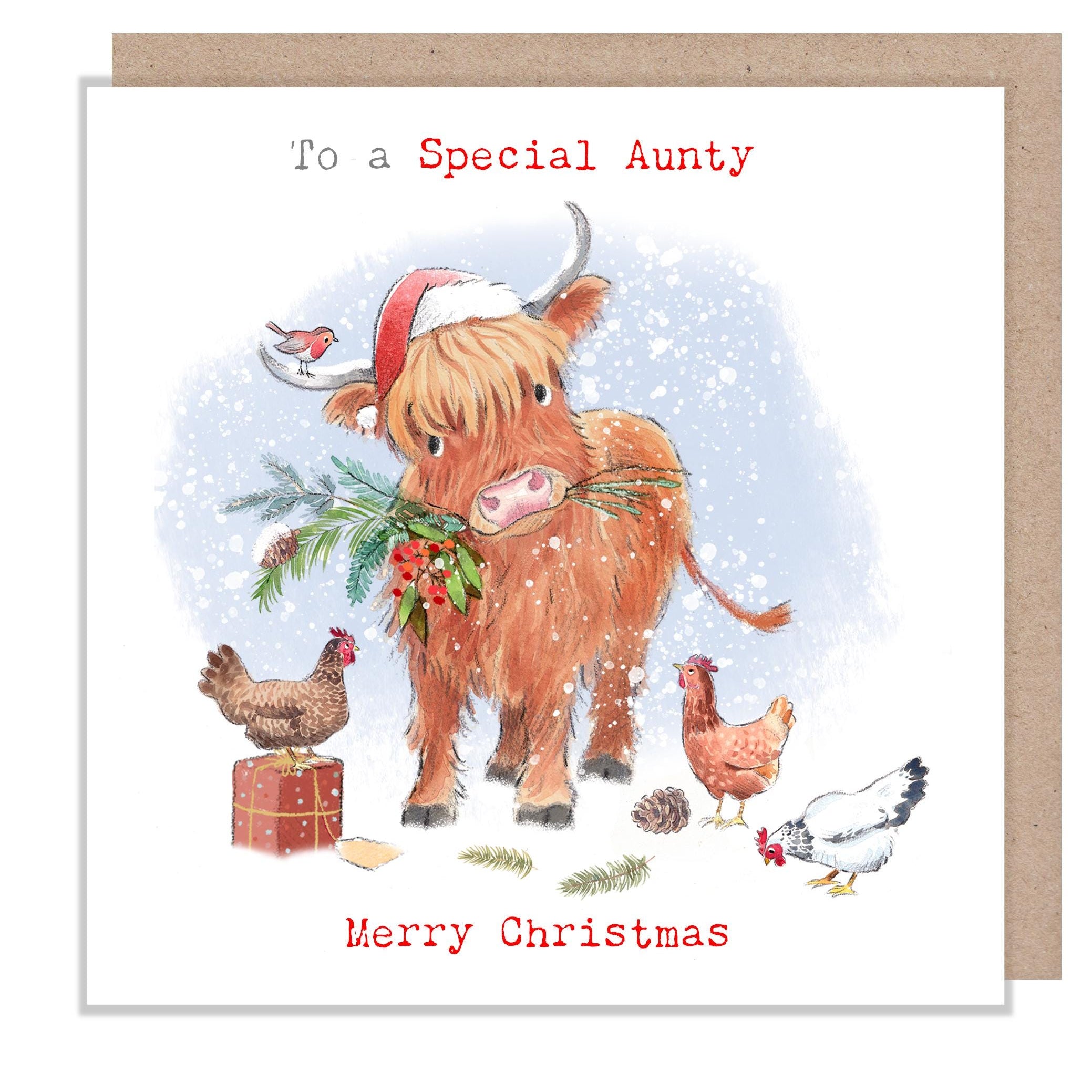 Aunty Christmas card - Quality Greeting Card - Charming illustration - 'Buttercup Farm' range - Highland Cow - Made in UK -  BFX010