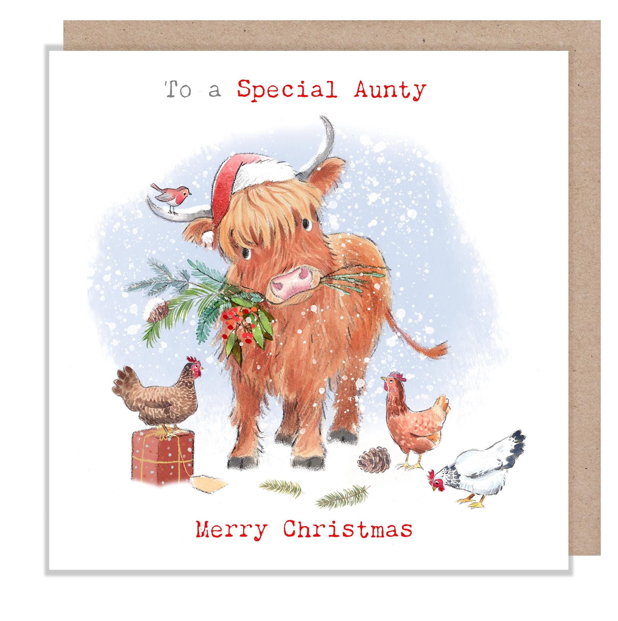 Aunty Christmas card - Quality Greeting Card - Charming illustration - 'Buttercup Farm' range - Highland Cow - Made in UK -  BFX010