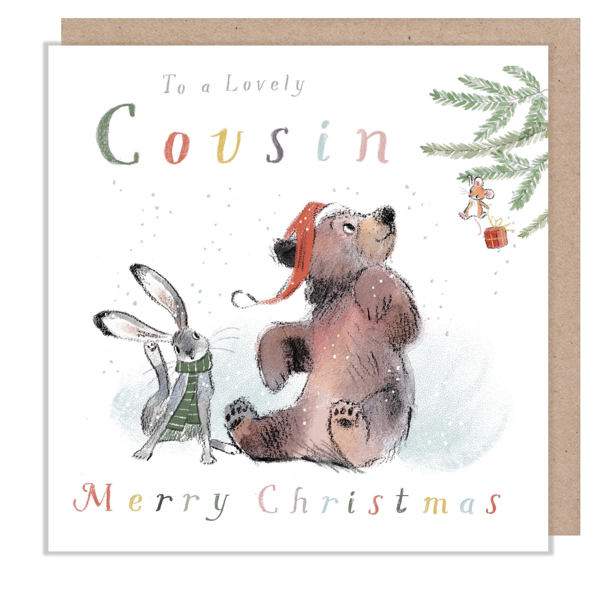 Cousin Christmas Card, 'the Bear, the Hare, and the Mouse', Cute heart warming  Bear Illustration, Bear looking at Mouse, made in UK,BHMX024