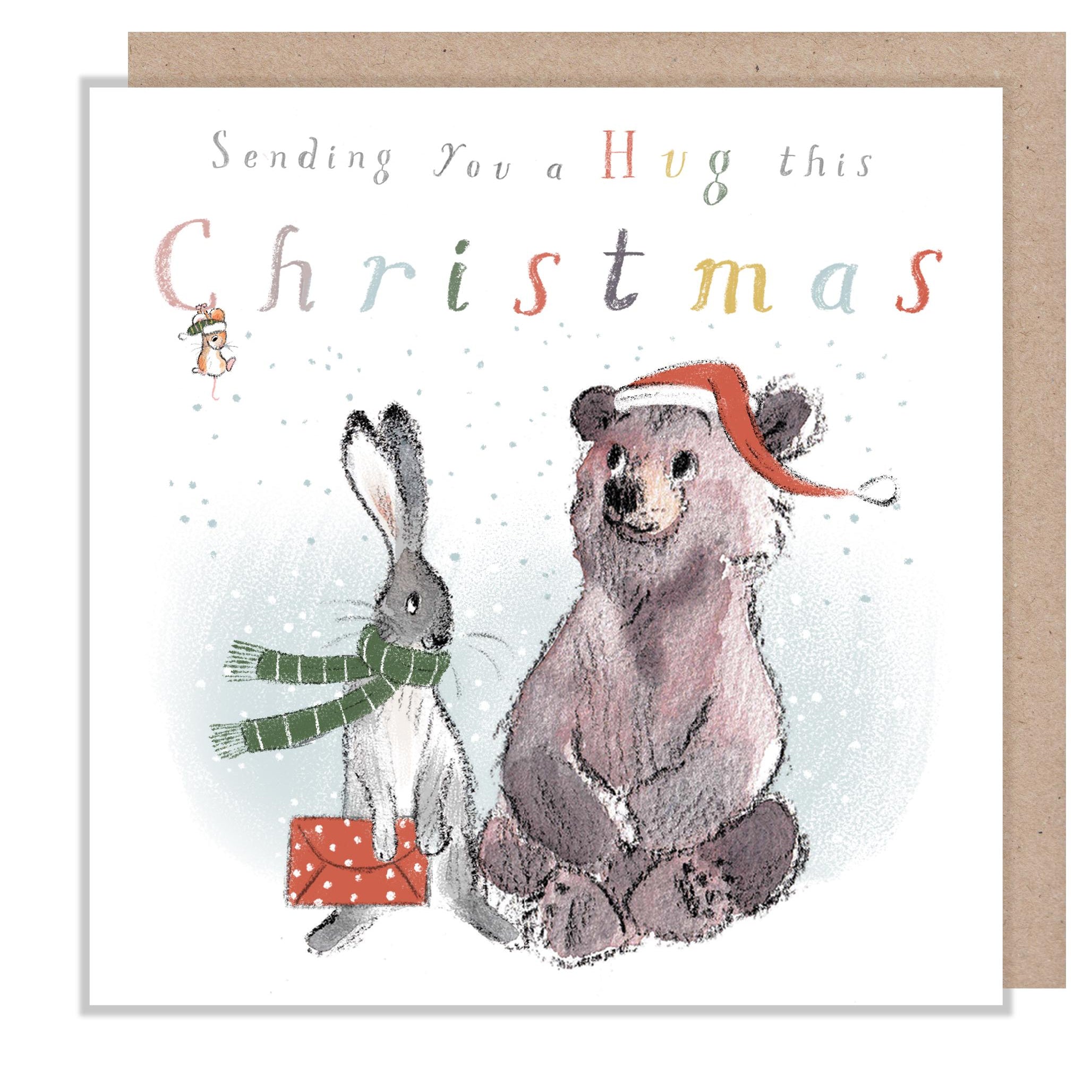 Sending you a Hug Christmas Card ,'the Bear, the Hare, and the Mouse', Cute heart warming  Bear Illustration, made in UK, BHMX020