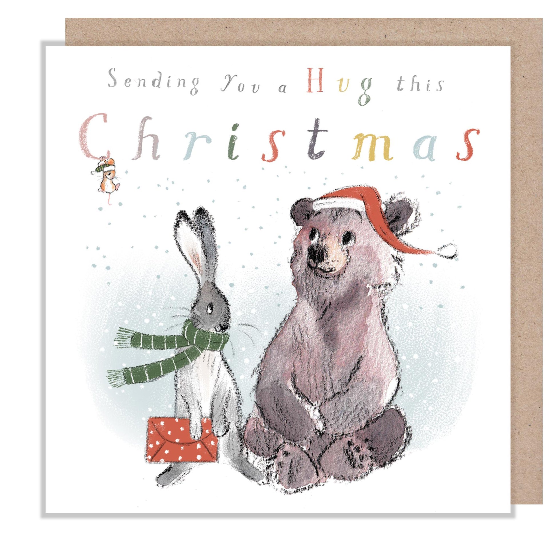 Sending you a Hug Christmas Card ,'the Bear, the Hare, and the Mouse', Cute heart warming  Bear Illustration, made in UK, BHMX020