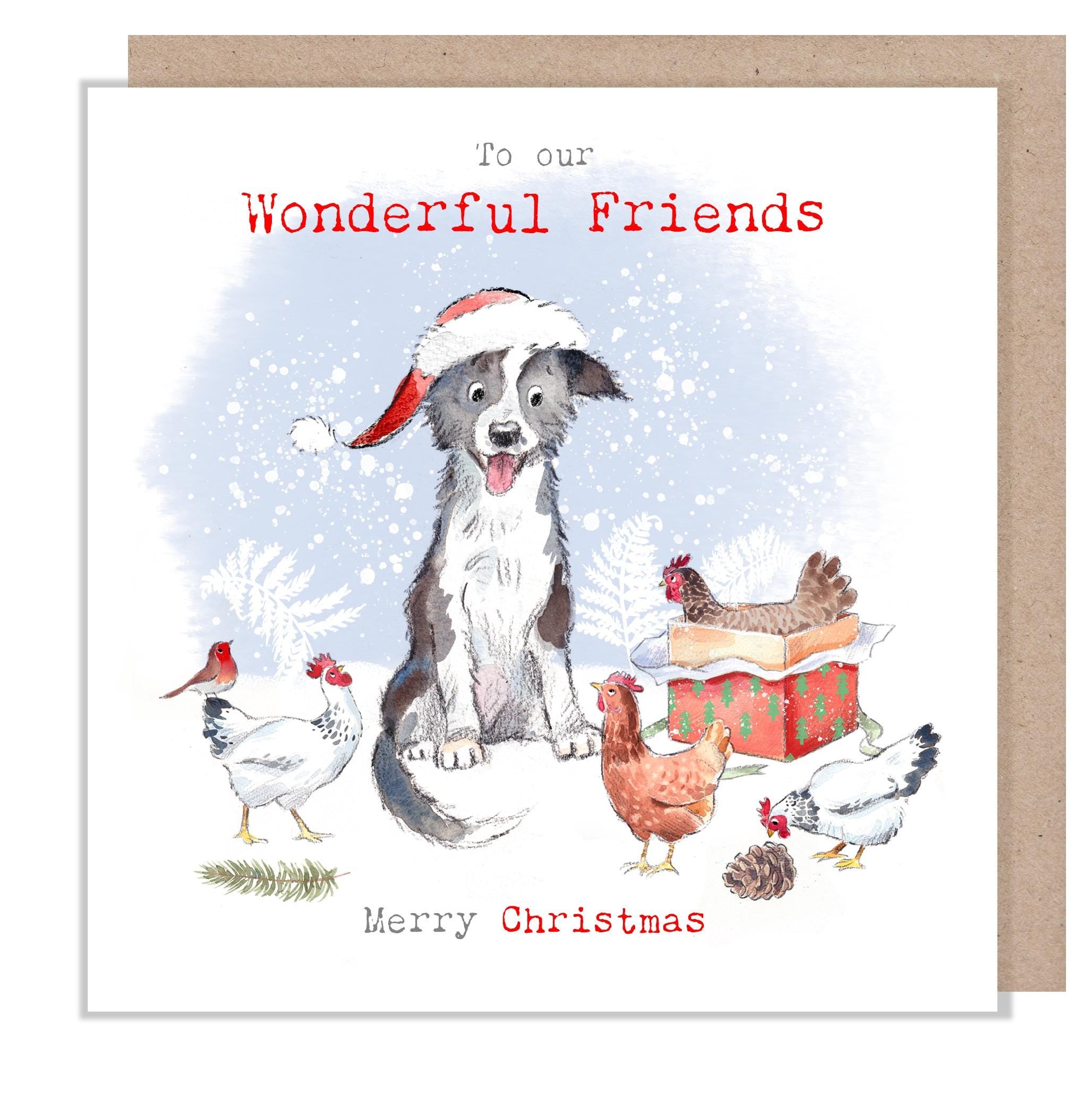 Friends Christmas Card - Dog and Chickens 'Buttercup Farm' Illustration BFX09