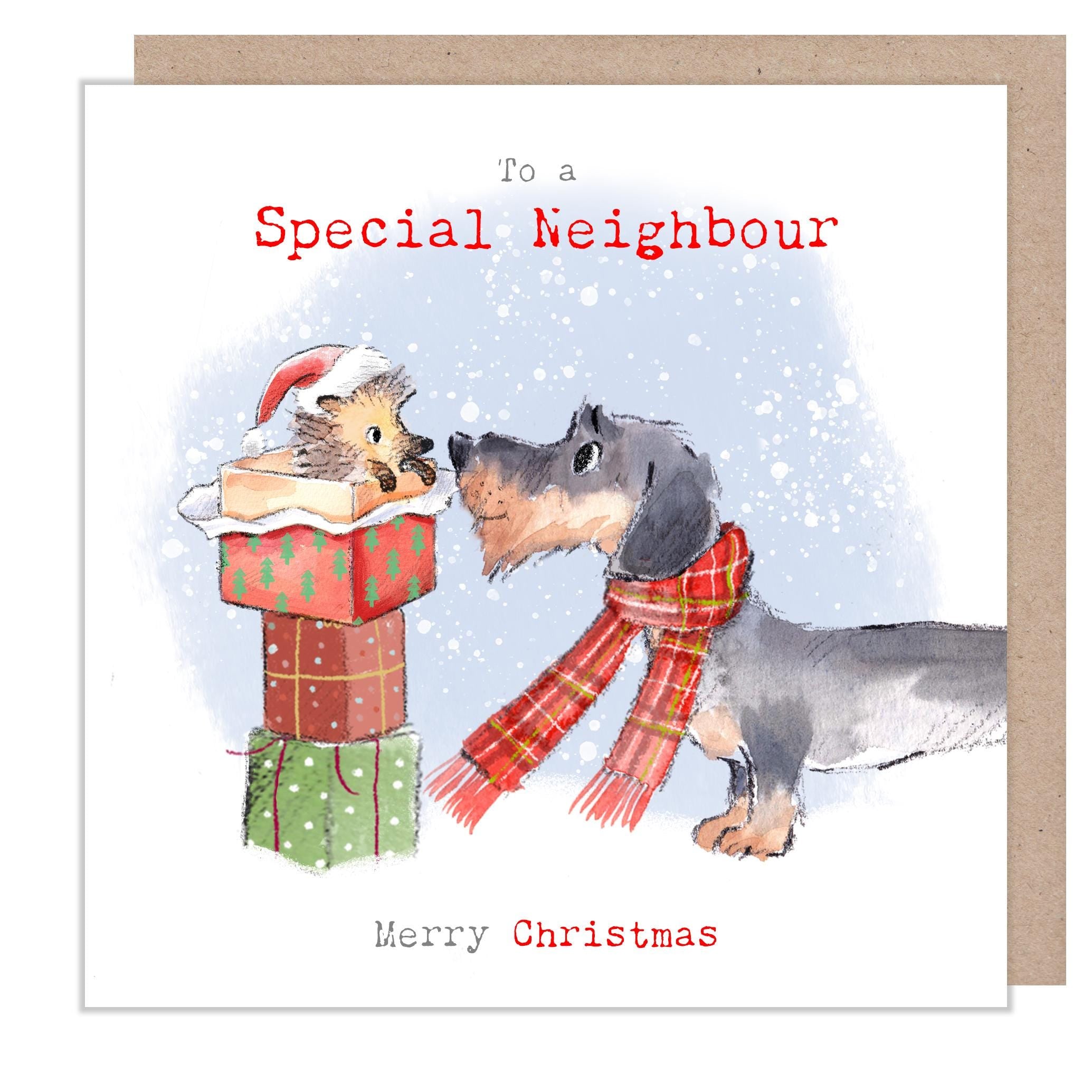 Neighbour Christmas Card  - 150 x 150mm -  Charming Dog illustration - 'Absolutely barking' range - Made in UK -  ABX126
