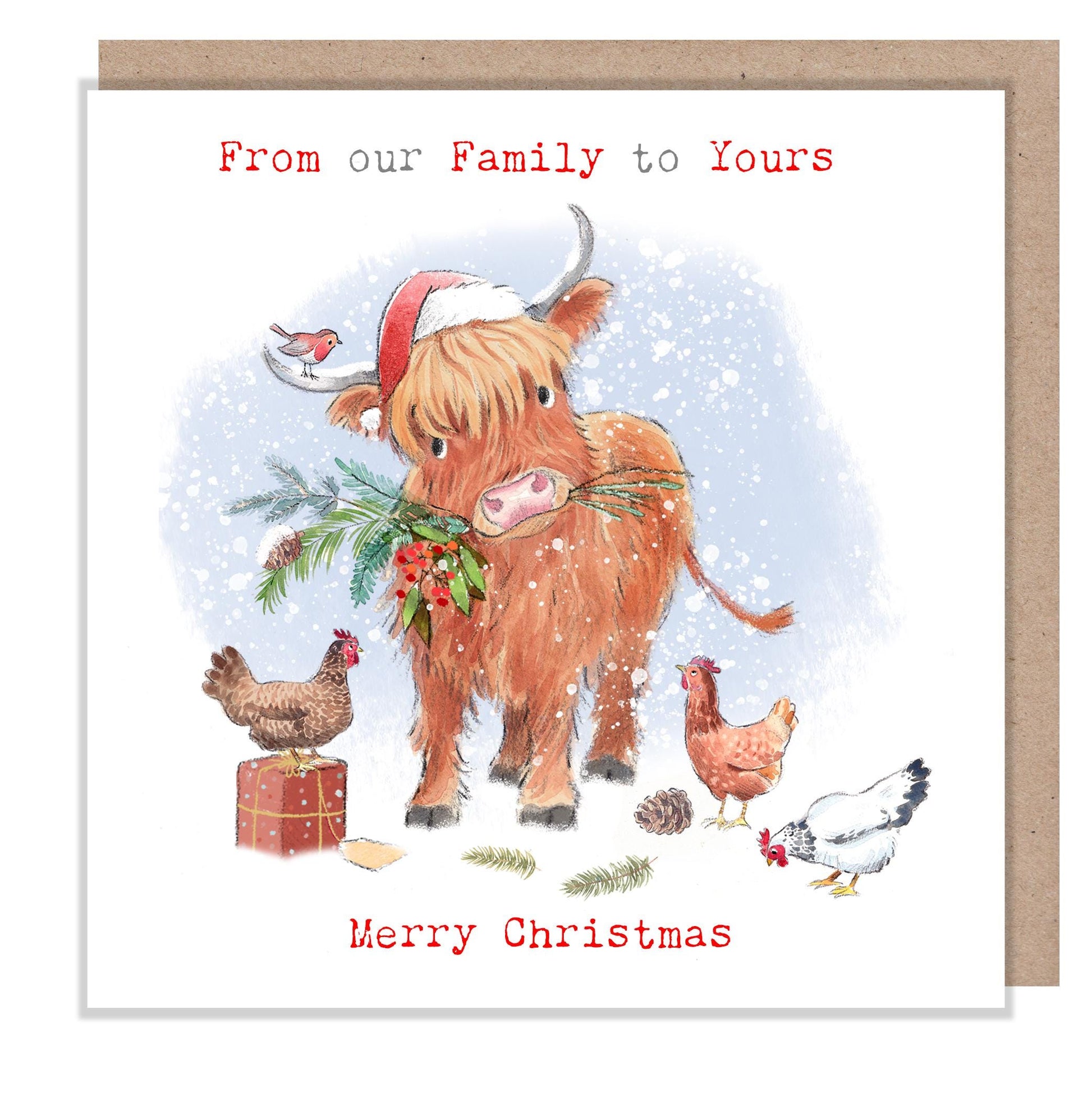 From our Family to your Christmas Card - Charming illustration - 'Buttercup Farm' range - Highland Cow - Made in UK -  BFX08