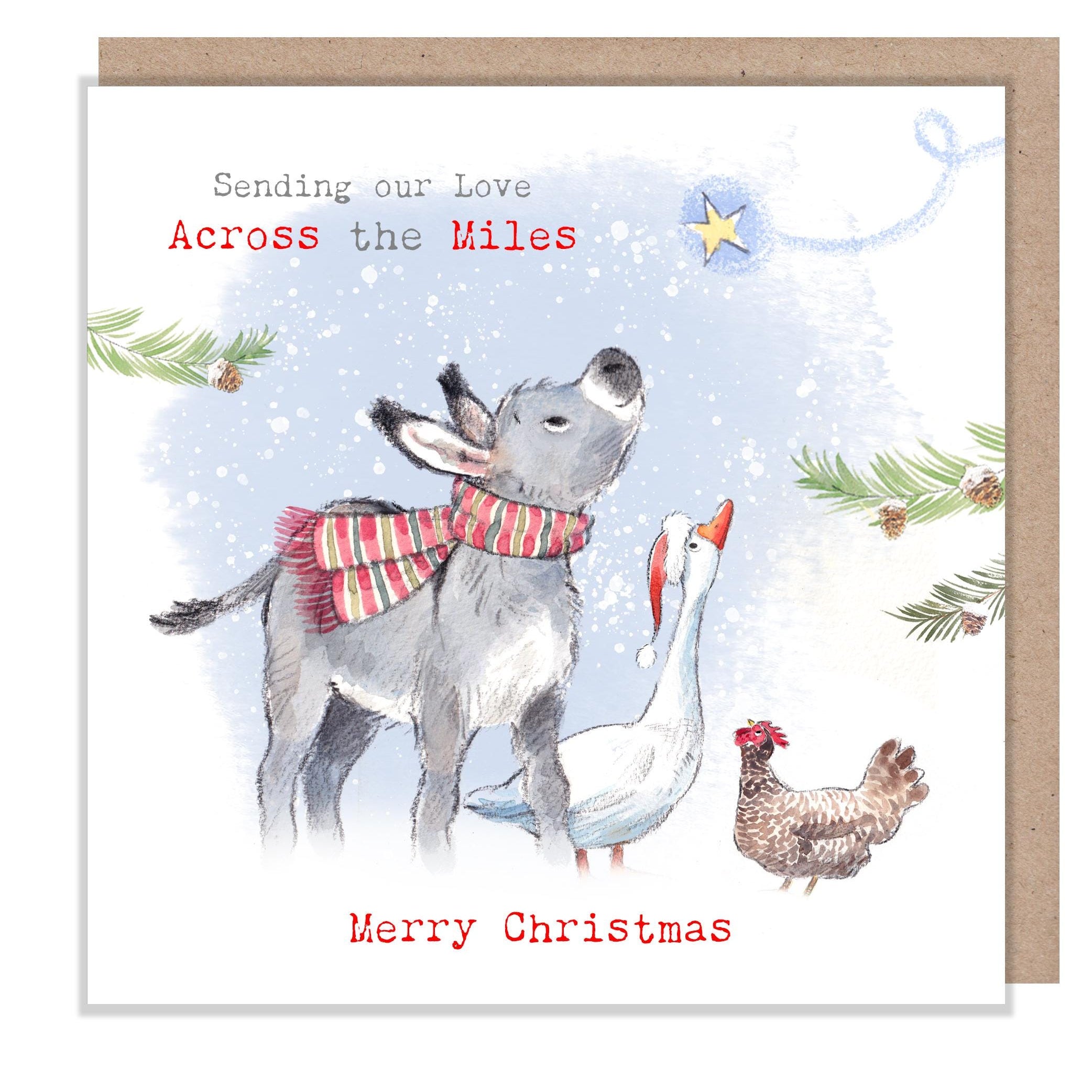 Across the Miles Christmas card -Donkey, Goose & Hen : Charming Farm Illustration BFX07