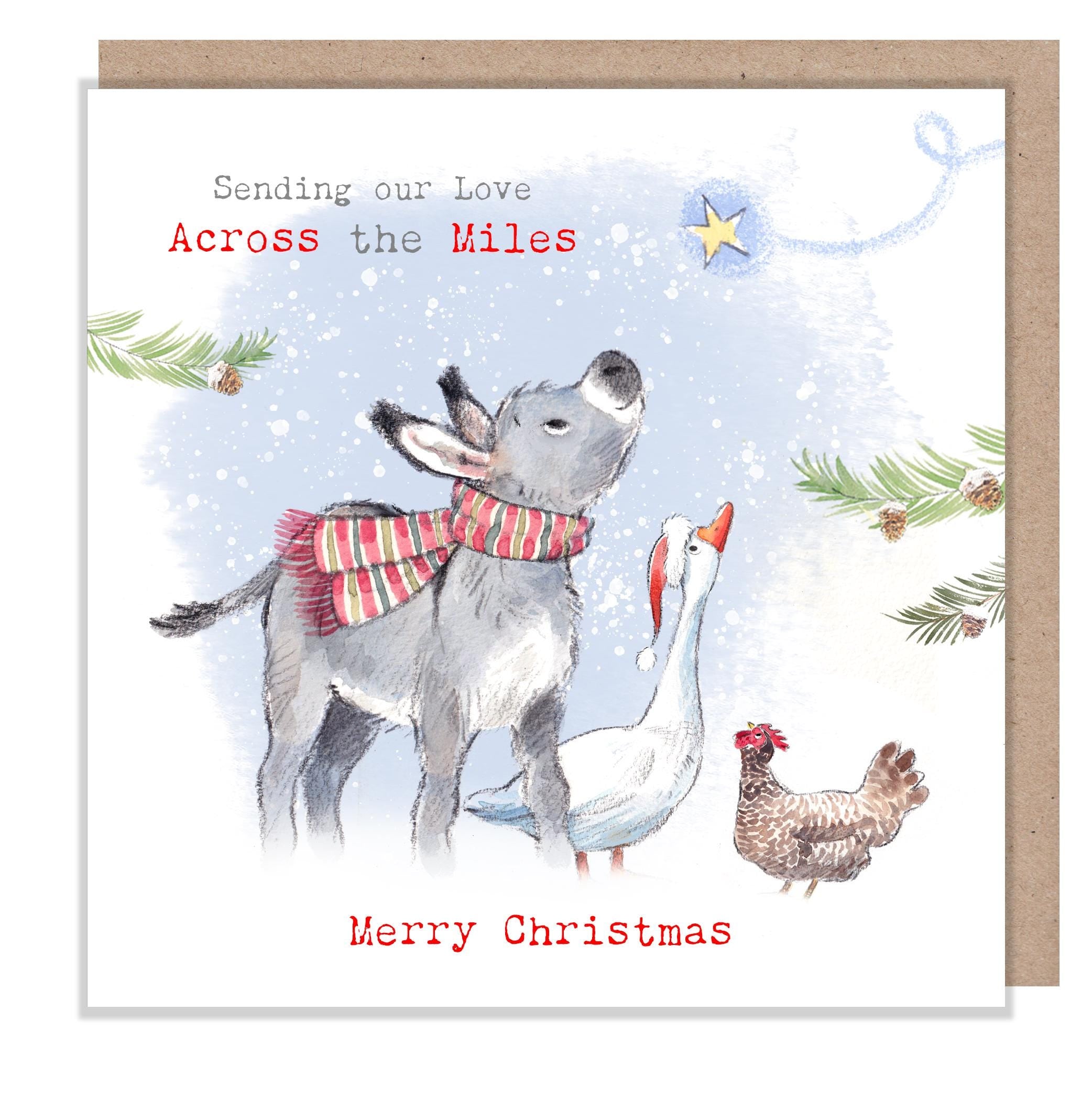 Across the Miles Christmas card -Donkey, Goose & Hen : Charming Farm Illustration BFX07