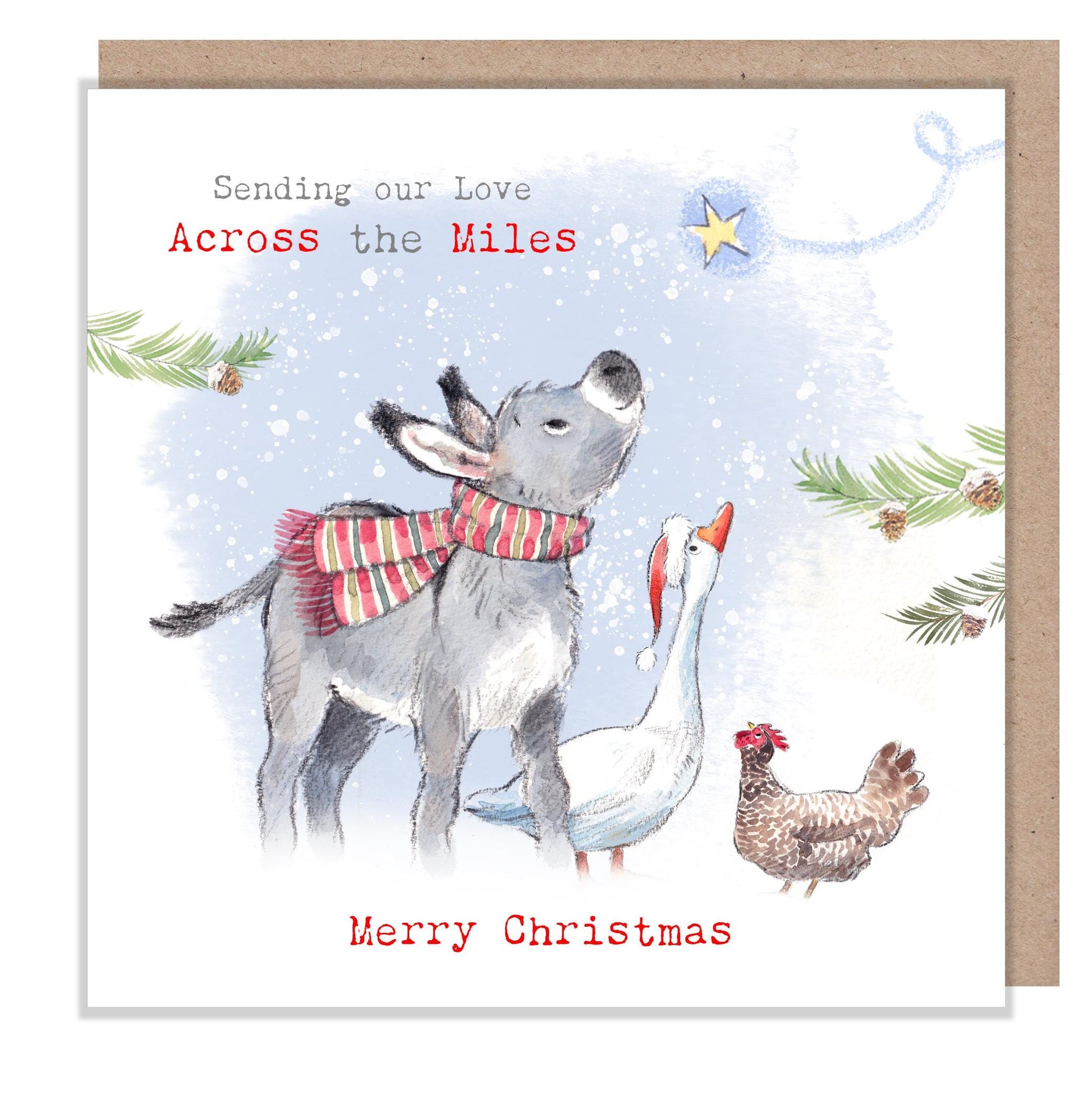 Across the Miles Christmas card -Donkey, Goose & Hen : Charming Farm Illustration BFX07