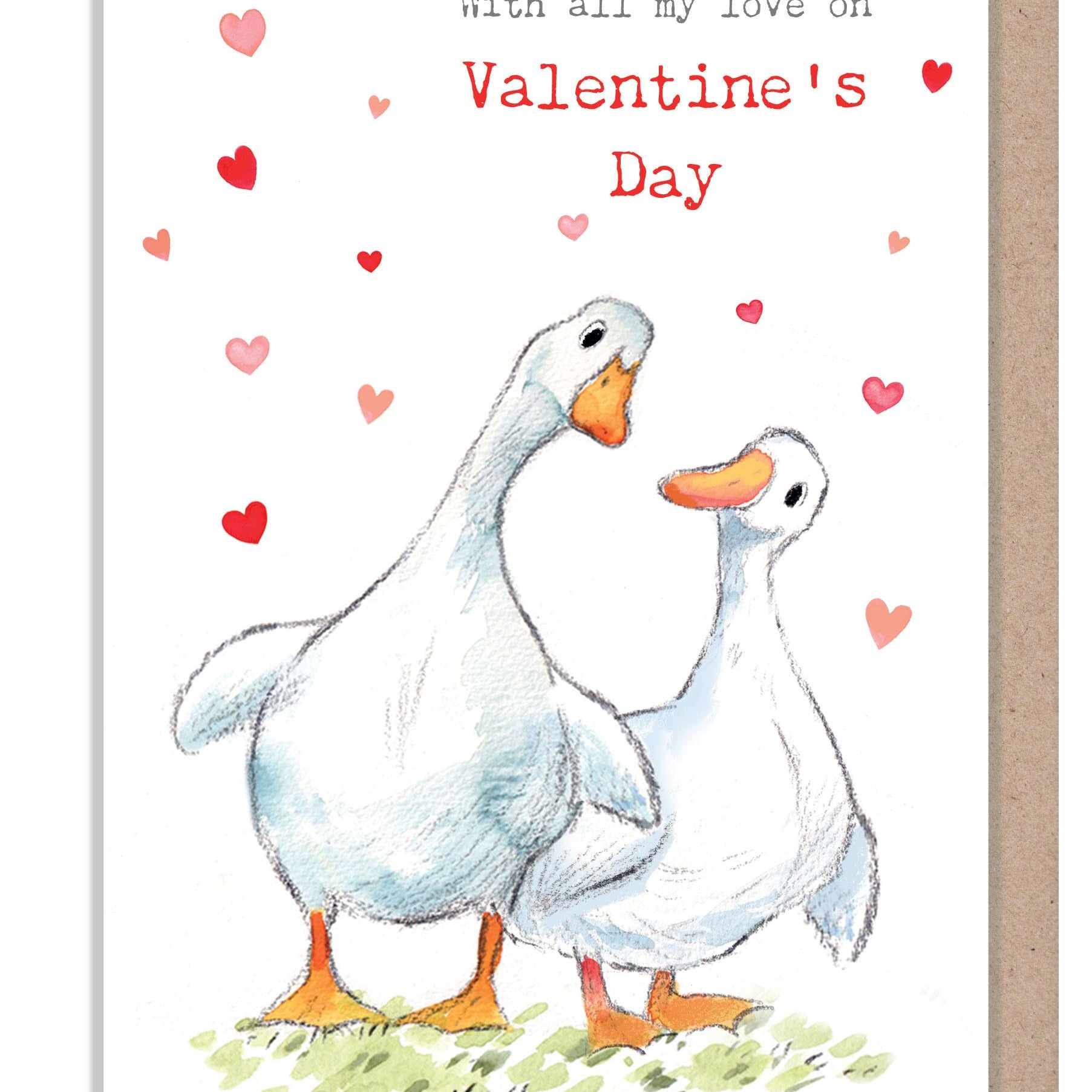 Valentines Card - Ducks with love hearts  illustration - 'Down by the river'  range - Made in UK -  RIVVAL02