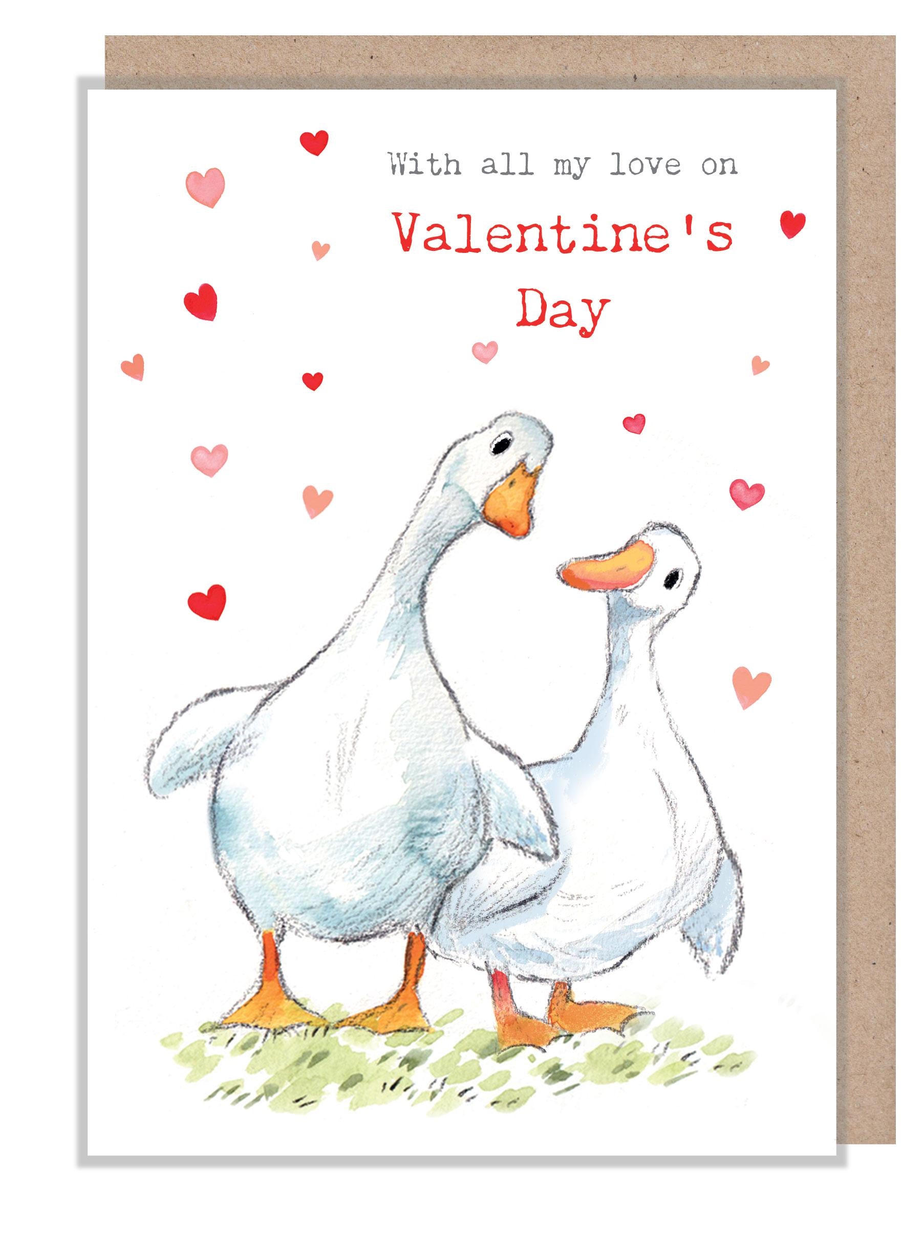 Valentines Card - Ducks with love hearts  illustration - 'Down by the river'  range - Made in UK -  RIVVAL02