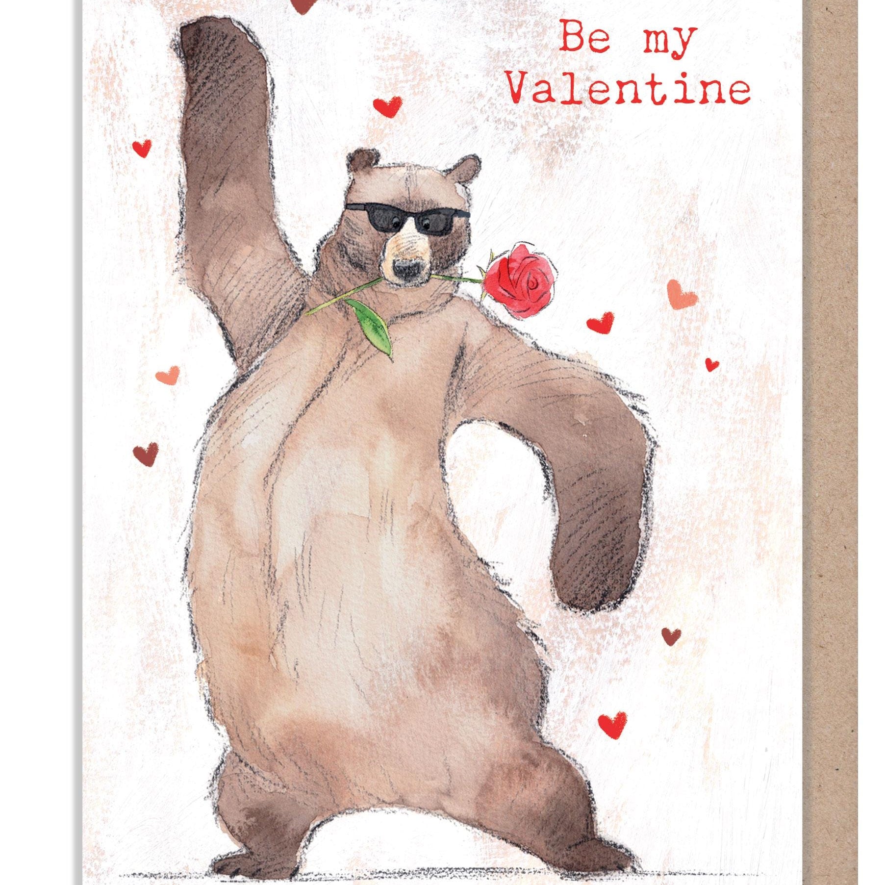 Valentines card - Quality Greeting Card, Bear with rose 'Hey Bear' range, Fun hand Drawn Illustrations, made in UK, HBVAL01