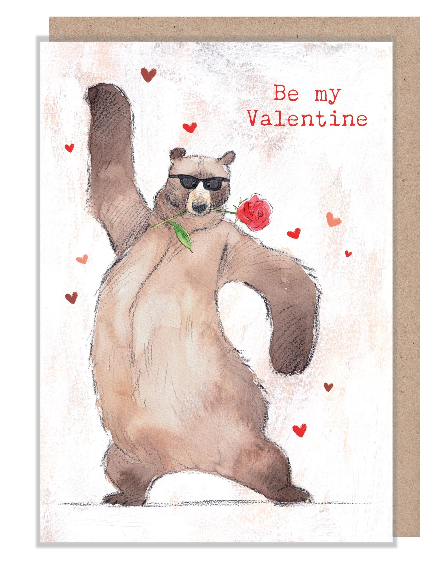 Valentines card - Quality Greeting Card, Bear with rose 'Hey Bear' range, Fun hand Drawn Illustrations, made in UK, HBVAL01