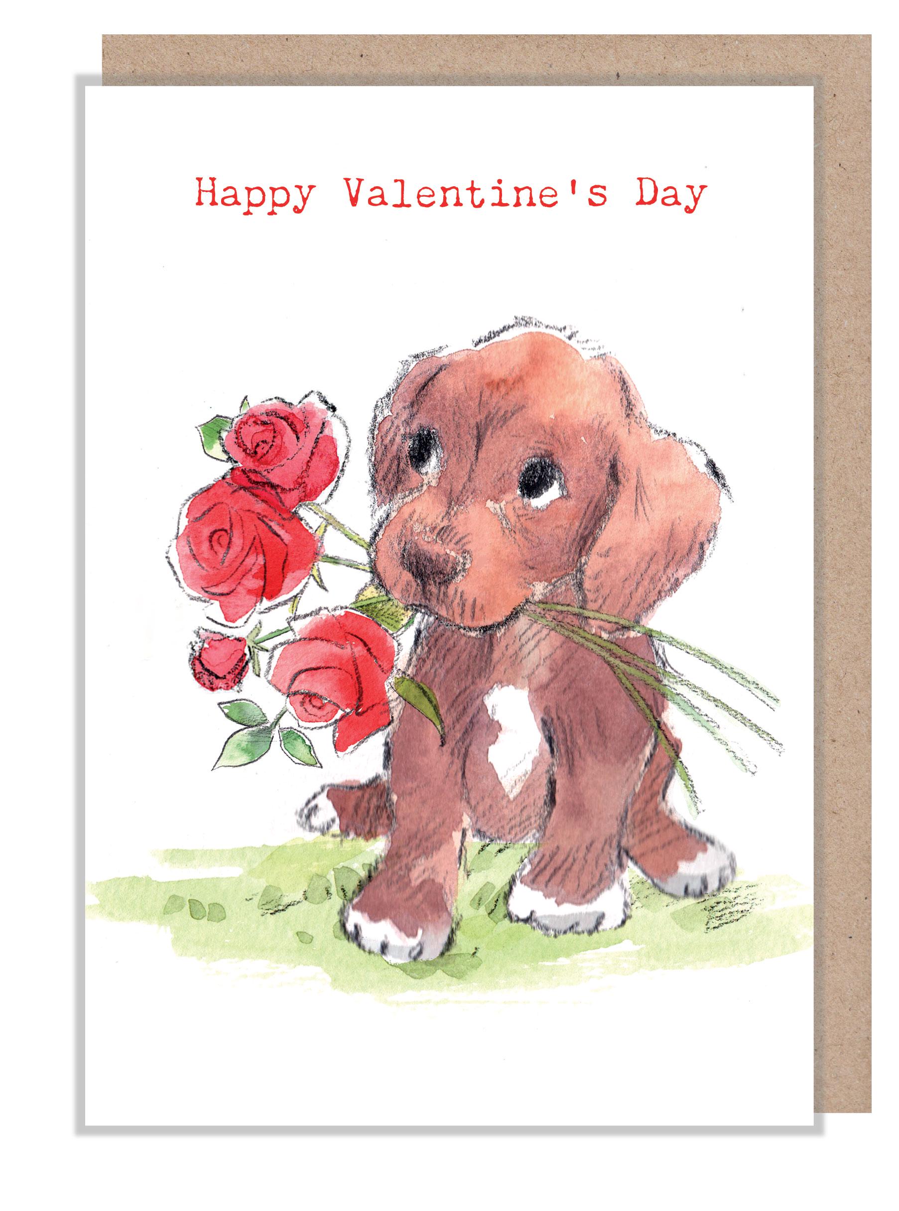Valentine's Day Card - Quality Greeting Card - Charming illustration - 'Absolutely barking' range - Brown Puppy- Made in UK -  ABVAL04